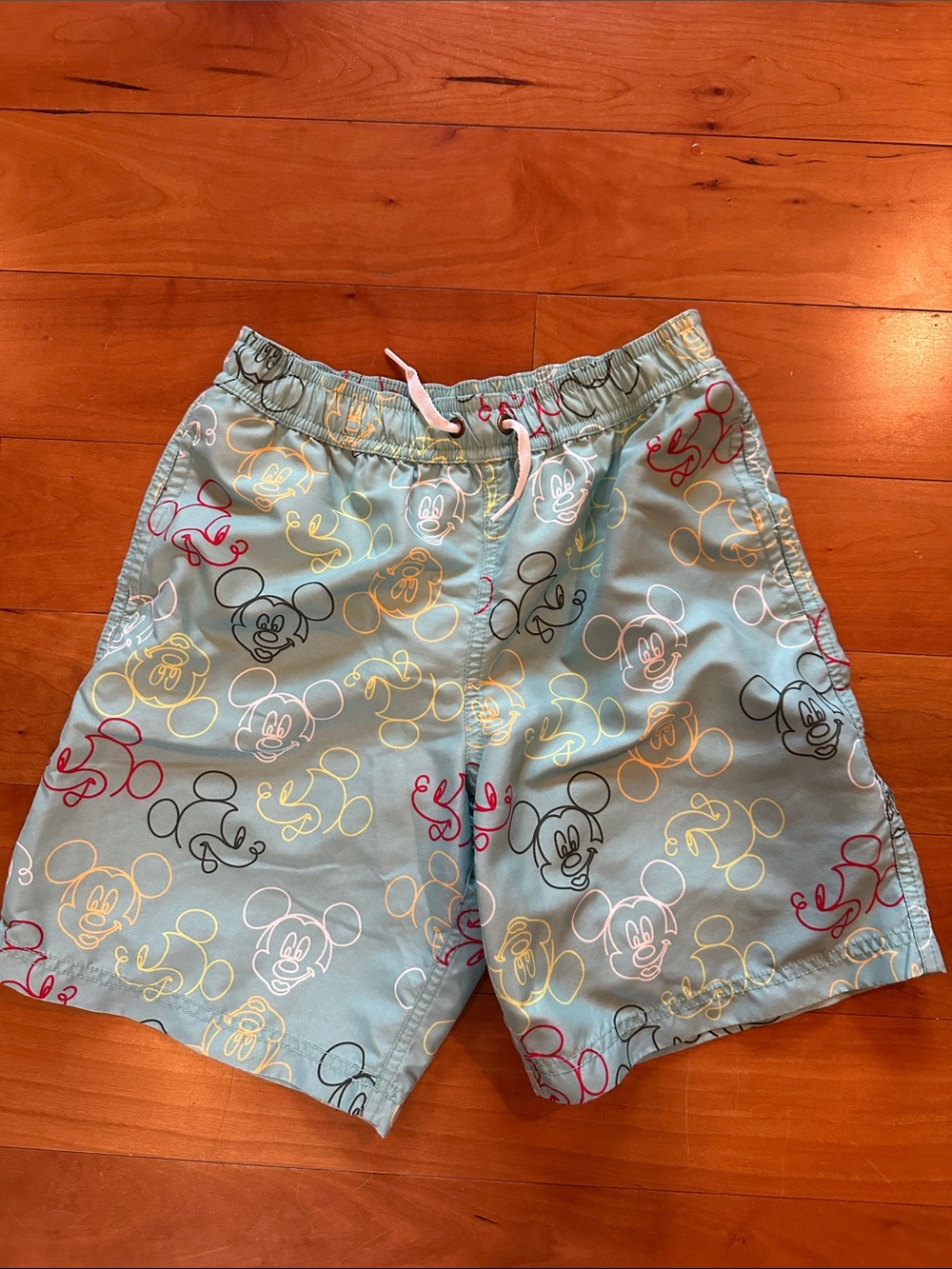 Hanna Andersson Light Teal Mickey Mouse Swim Trunks with Multicolor Outlines